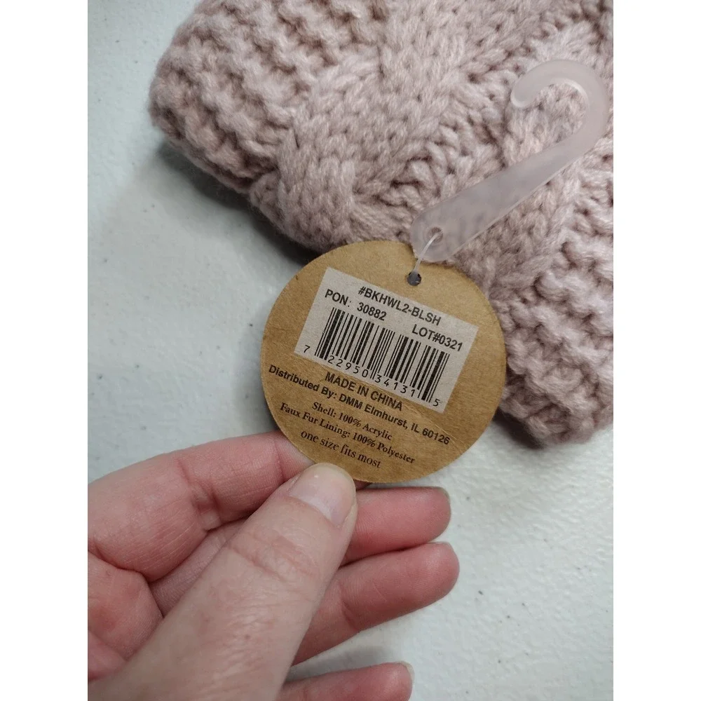 Britts Knits Womens Blush Pink Cable Knit Head Warmer Faux Fur Lined‎
